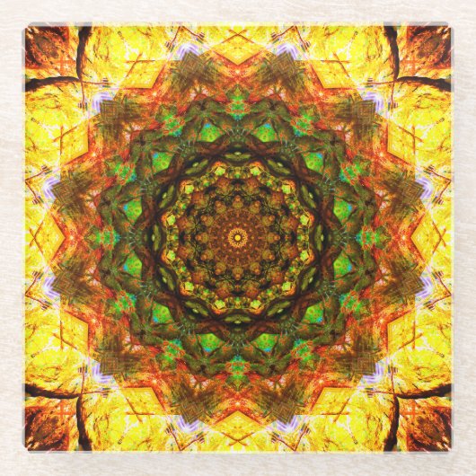 緑のマンダラアート ガラスコースター (正面)