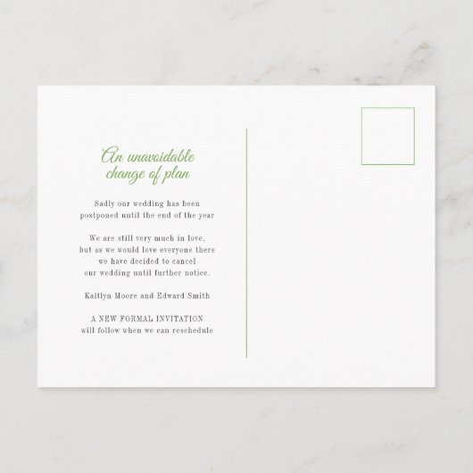 緑のミスタントーハート結婚リースのキャンセル 案内ポストカード (裏面)