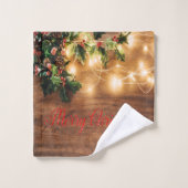 緑のミスタントー、ストリングライト、木製クリスマス バスタオルセット (ウォッシュタオル)