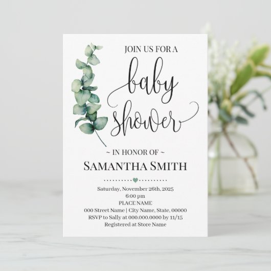 緑のミニマルな赤ちゃんシャワーユーカリ 招待状 (スタンド正面)