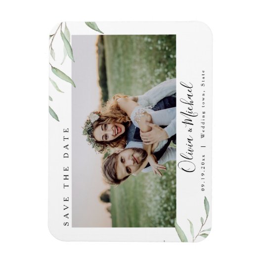 緑のミニマル写真の結婚式が日付を救う マグネット (縦)