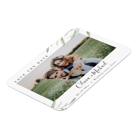 緑のミニマル写真の結婚式が日付を救う マグネット (左側)