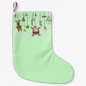 緑のミントの可愛い漫画のサンタと友人 スモールクリスマスストッキング (正面)