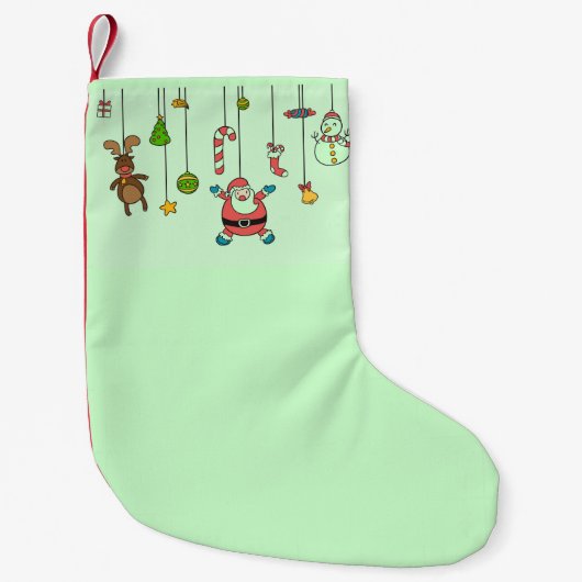 緑のミントの可愛い漫画のサンタと友人 スモールクリスマスストッキング (正面)