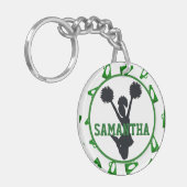 緑のメガホンおよびチアリーダーのパーソナライズな写真 キーホルダー (正面左)