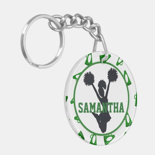 緑のメガホンおよびチアリーダーのパーソナライズな写真 キーホルダー (正面左)