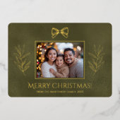 緑のメリークリスマスと枝の写真 箔シーズンカード (正面)
