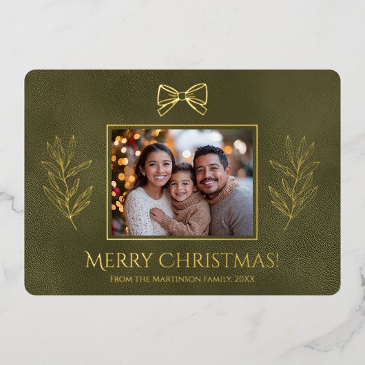 緑のメリークリスマスと枝の写真 箔シーズンカード (正面)
