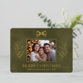 緑のメリークリスマスと枝の写真 箔シーズンカード (立ち正面)