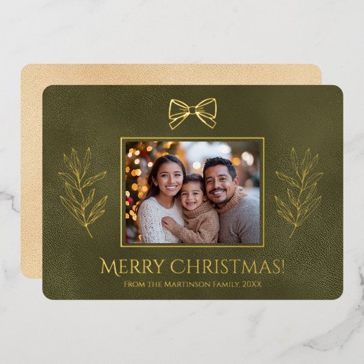 緑のメリークリスマスと枝の写真 箔シーズンカード (正面/裏面)