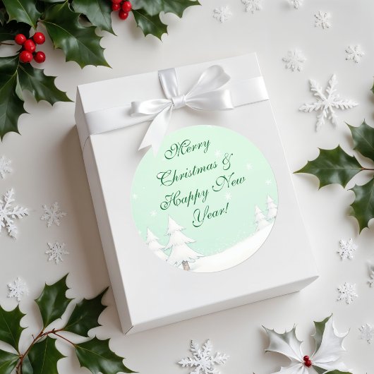 緑のメリークリスマスと雪の松 ラウンドシール