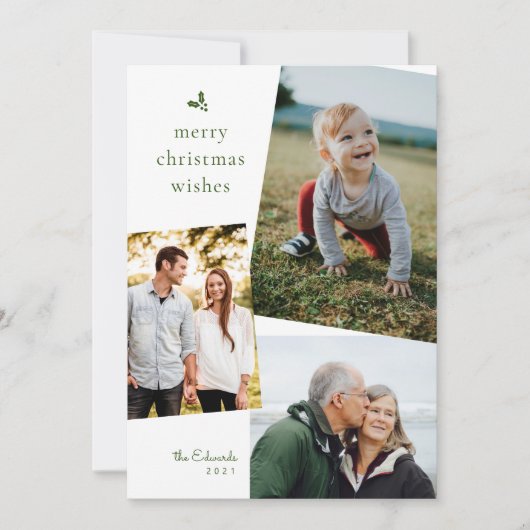 緑のメリークリスマスは3枚の写真カードを希望 シーズンカード (正面)