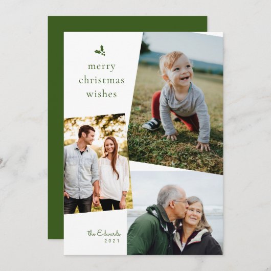 緑のメリークリスマスは3枚の写真カードを希望 シーズンカード (正面/裏面)