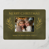 緑のメリークリスマスパイン枝写真 箔シーズンカード (正面)