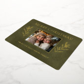 緑のメリークリスマスパイン枝写真 箔シーズンカード (回転した状態)