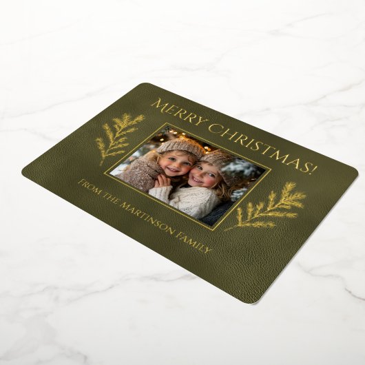 緑のメリークリスマスパイン枝写真 箔シーズンカード (回転した状態)