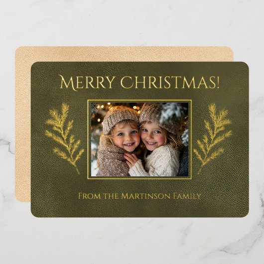 緑のメリークリスマスパイン枝写真 箔シーズンカード (正面/裏面)