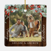 緑のメリークリスマスフォトダークウッド セラミックオーナメント (裏面)