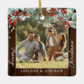 緑のメリークリスマスフォトダークウッド セラミックオーナメント (正面)