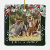 緑のメリークリスマスフォトフォレストグリーン セラミックオーナメント (裏面)