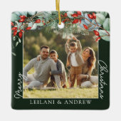 緑のメリークリスマスフォトフォレストグリーン セラミックオーナメント (正面)