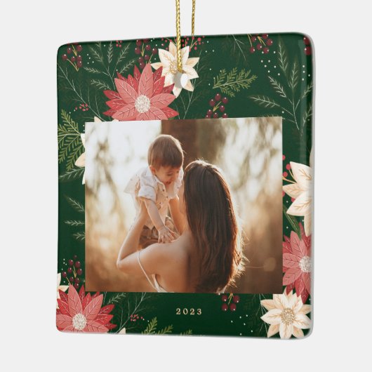 緑のメリークリスマス写真植物体 セラミックオーナメント (左)