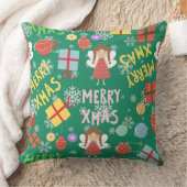 緑のメリークリスマス文字ガーリー赤い黄色のパターン クッション (ブランケット)