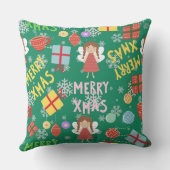緑のメリークリスマス文字ガーリー赤い黄色のパターン クッション (裏面)