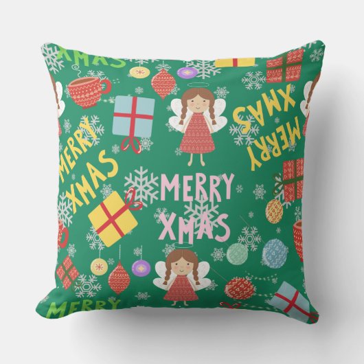 緑のメリークリスマス文字ガーリー赤い黄色のパターン クッション (正面)