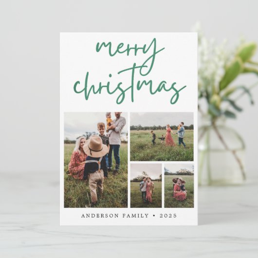 緑のメリークリスマス書道写真 シーズンカード (スタンド正面)