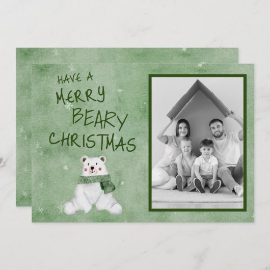 緑のメリースカーフのビーリークリスマスポーラーベア シーズンカード (正面/裏面)