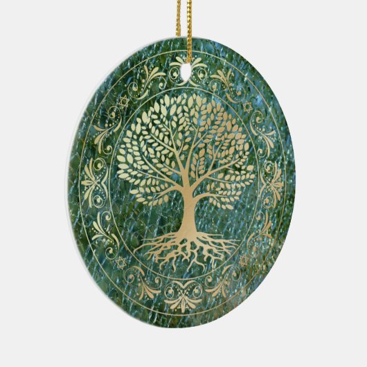 緑のモザイクガラスの背景の生命の木 セラミックオーナメント (右)