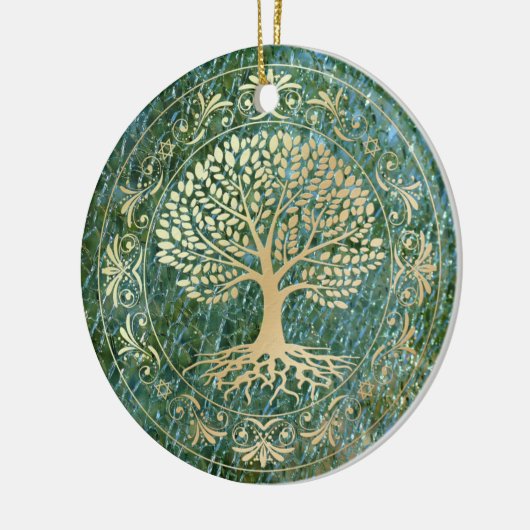 緑のモザイクガラスの背景の生命の木 セラミックオーナメント (左)