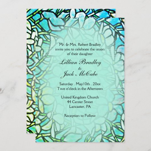 緑のモザイクフローラ結婚タイル 招待状 (正面/裏面)