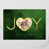 緑のモダンうれしそうなクリスマスハートリース写真 箔シーズンカード (正面)