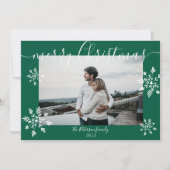 緑のモダンクリスマススクリプトの雪片の写真 シーズンカード (正面)