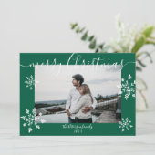 緑のモダンクリスマススクリプトの雪片の写真 シーズンカード (スタンド正面)