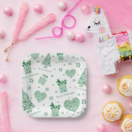 緑のモダンクリスマスツリーのクリスマスパーティー ペーパープレート