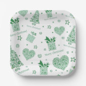 緑のモダンクリスマスツリーのクリスマスパーティー ペーパープレート (正面)