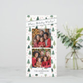 緑のモダンクリスマスツリー2家族の写真の願い シーズンカード (スタンド正面)