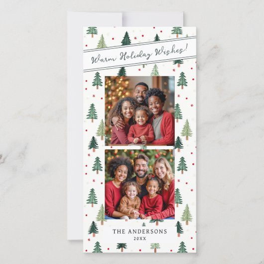 緑のモダンクリスマスツリー2家族の写真の願い シーズンカード (正面)