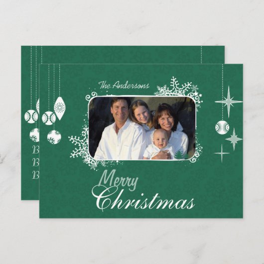 緑のモダンクリスマスファミリー写真はがき シーズンポストカード (正面/裏面)