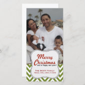 緑のモダンシェブロンの家族の写真クリスマス シーズンカード (正面/裏面)