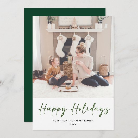 緑のモダンスクリプト写真ミニマルなクリスマス シーズンカード (正面/裏面)