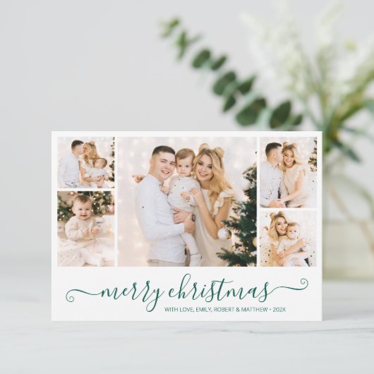 緑のモダンスクリプト5フォトコラージクリスマスカード 招待状 (スタンド正面)