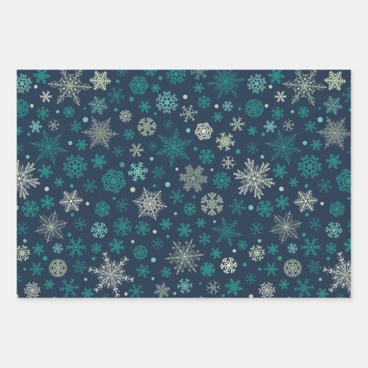 緑のモダンスノーフレークのクリスマスパターンセット ラッピングペーパーシート (正面)