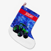 緑のモダントラクタオンブルー ラージクリスマスストッキング (正面 (吊り時))