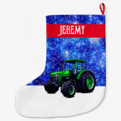 緑のモダントラクタオンブルー ラージクリスマスストッキング (裏面)