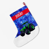 緑のモダントラクタオンブルー ラージクリスマスストッキング (裏面 (吊り時))