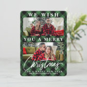 緑のモダンバッファローのプレイドのクリスマスフォト シーズンカード (スタンド正面)